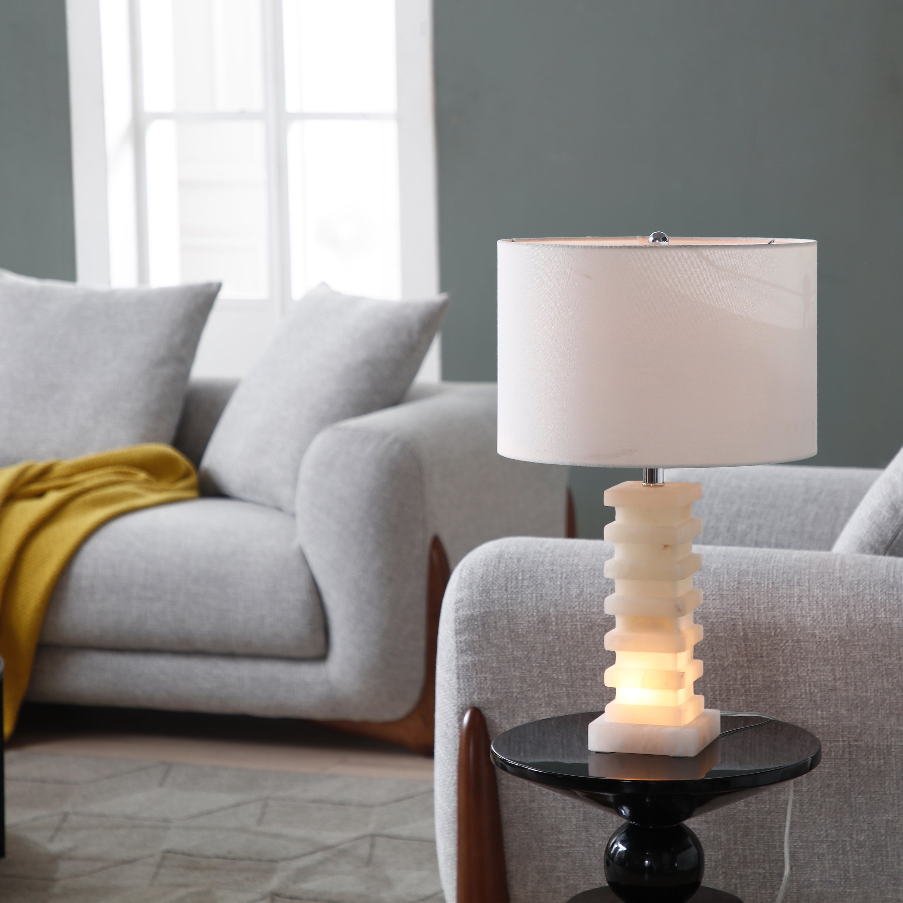 Alternating Stacked Square Alabaster Table Lamp with Night Light