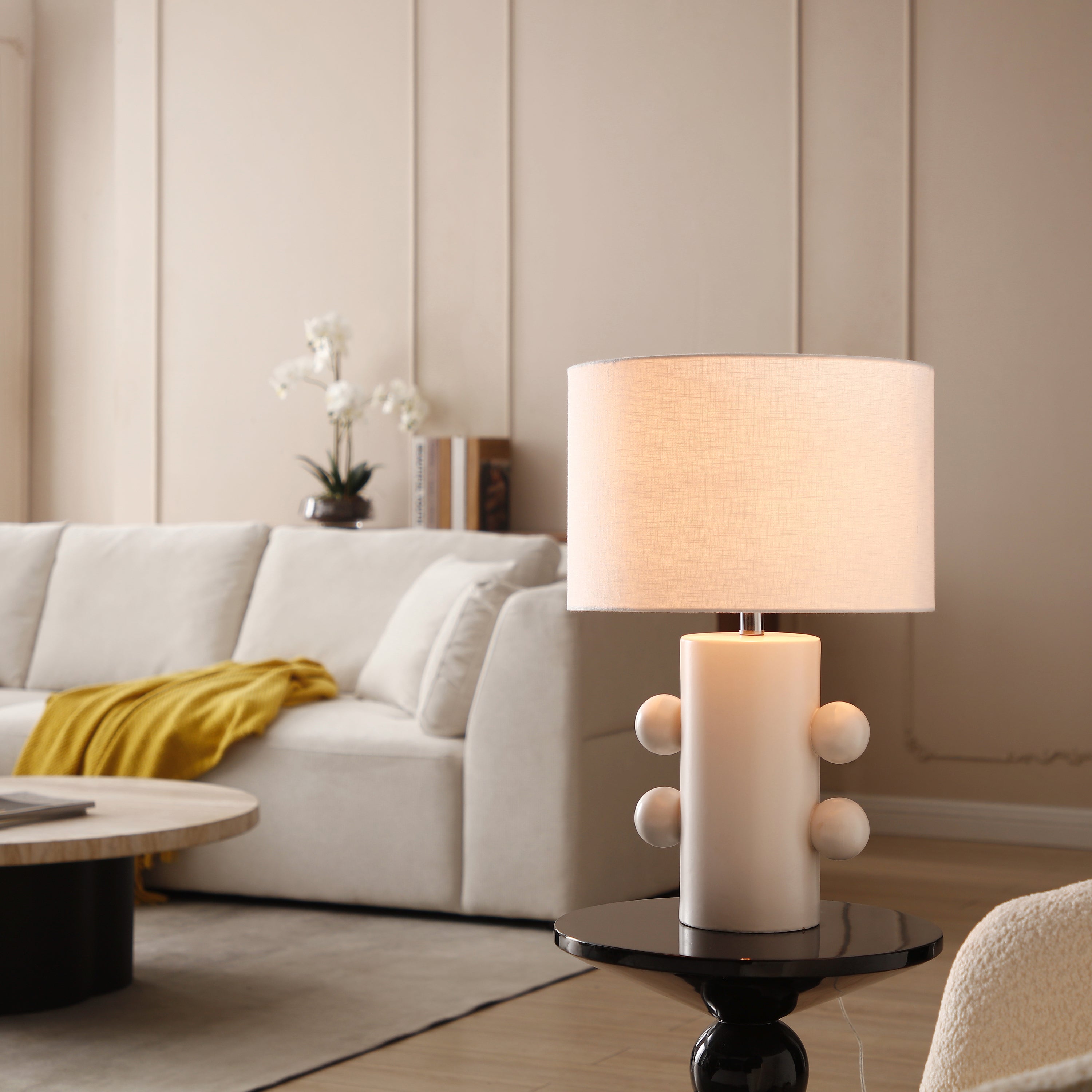 Round Column with Four Orbs White Ceramic Table Lamp