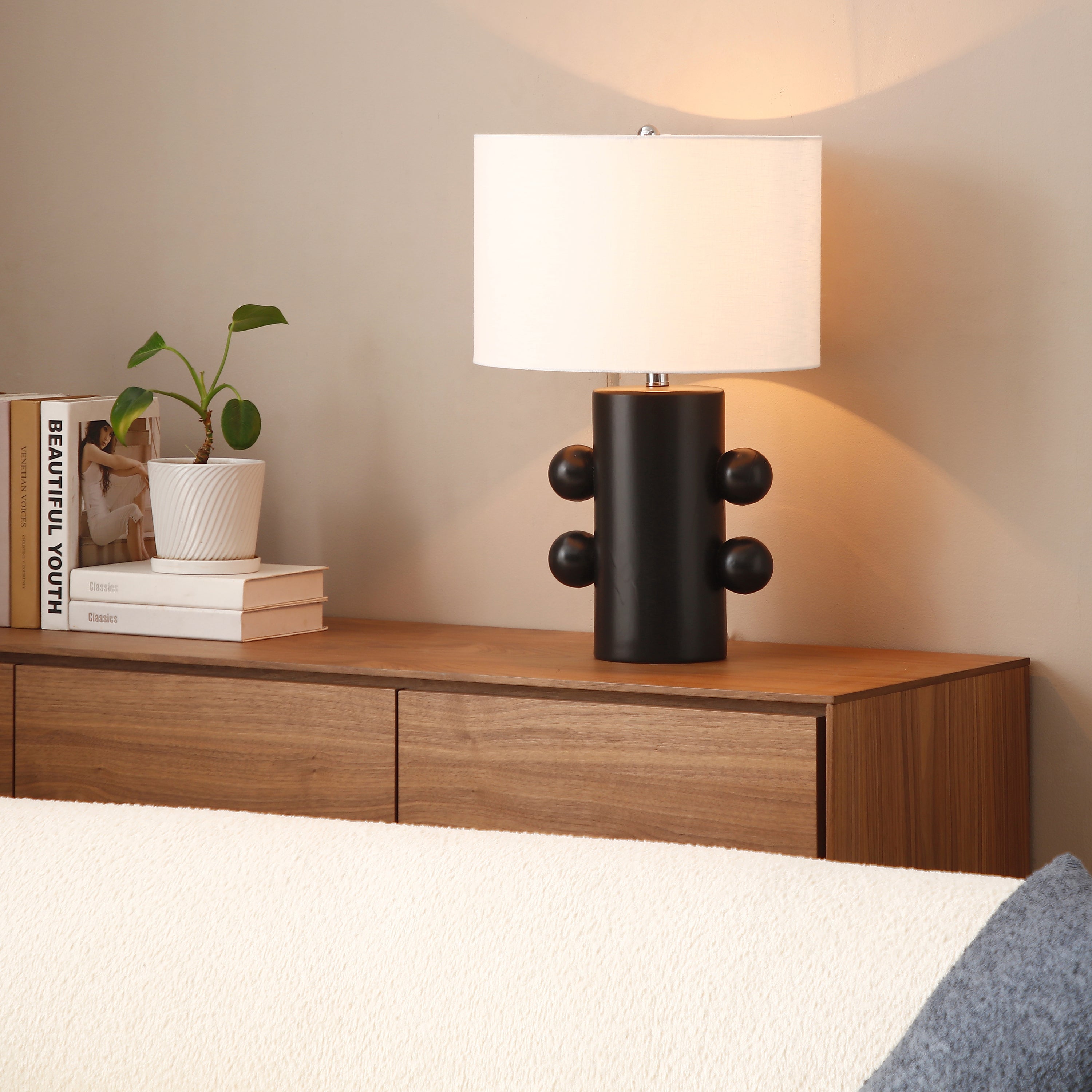 Round Column with Four Orbs Black Ceramic Table Lamp