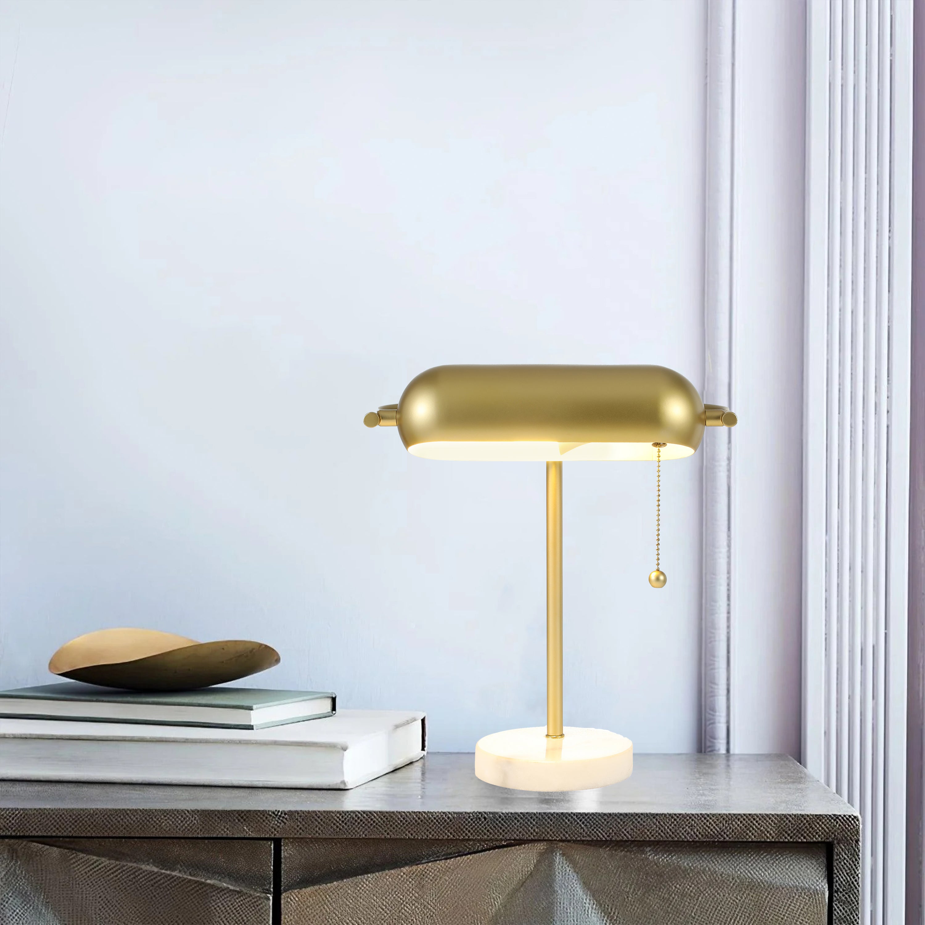 Downlighting Desk Lamp Brass Shade and Marble Base