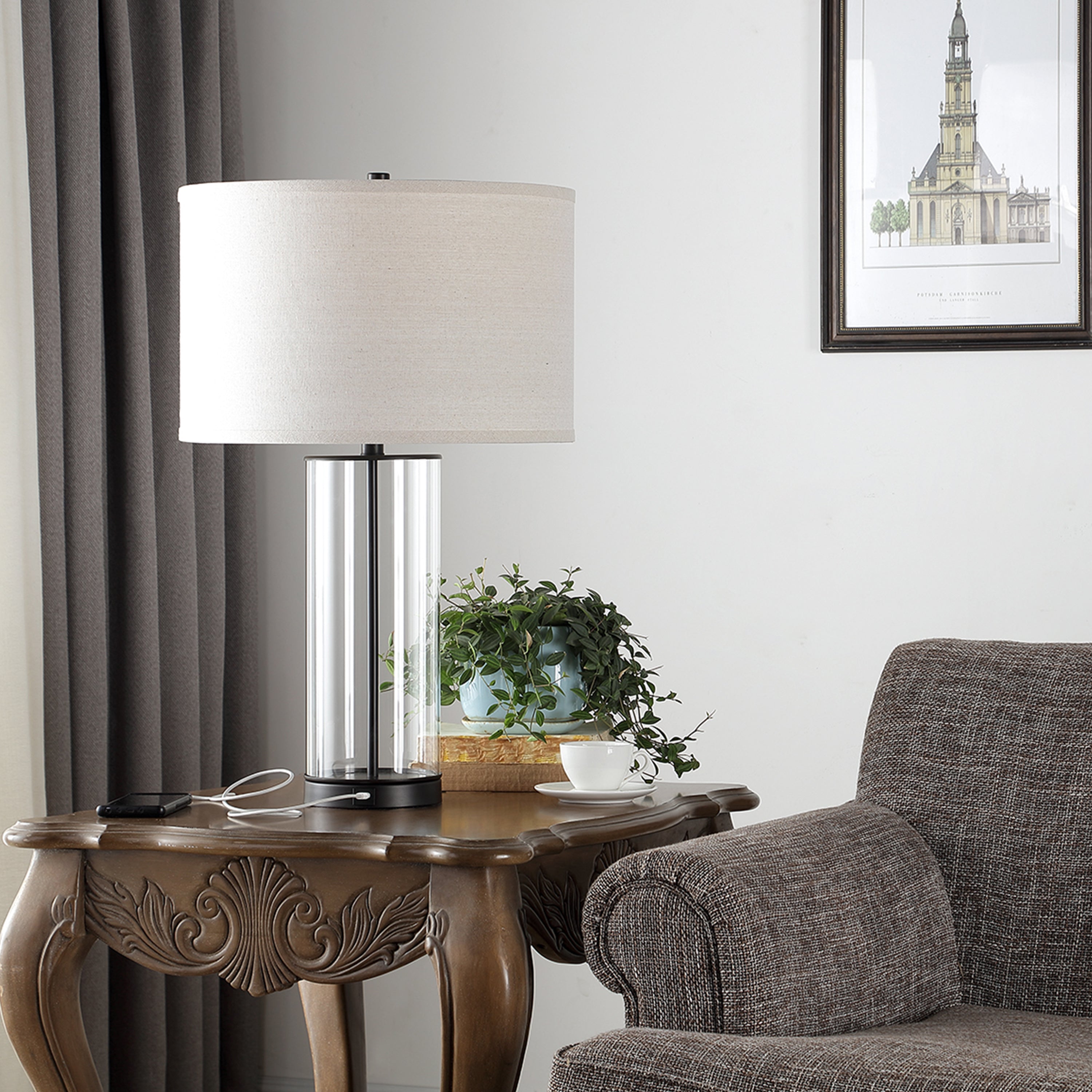 Clear Column Glass Table Lamp Black Base