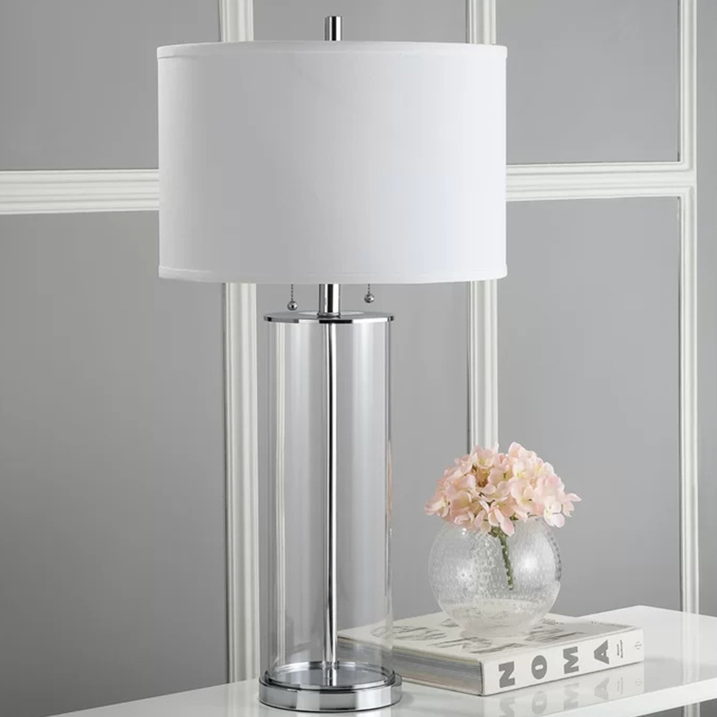 Clear Column Glass Table Lamp Nickle Base