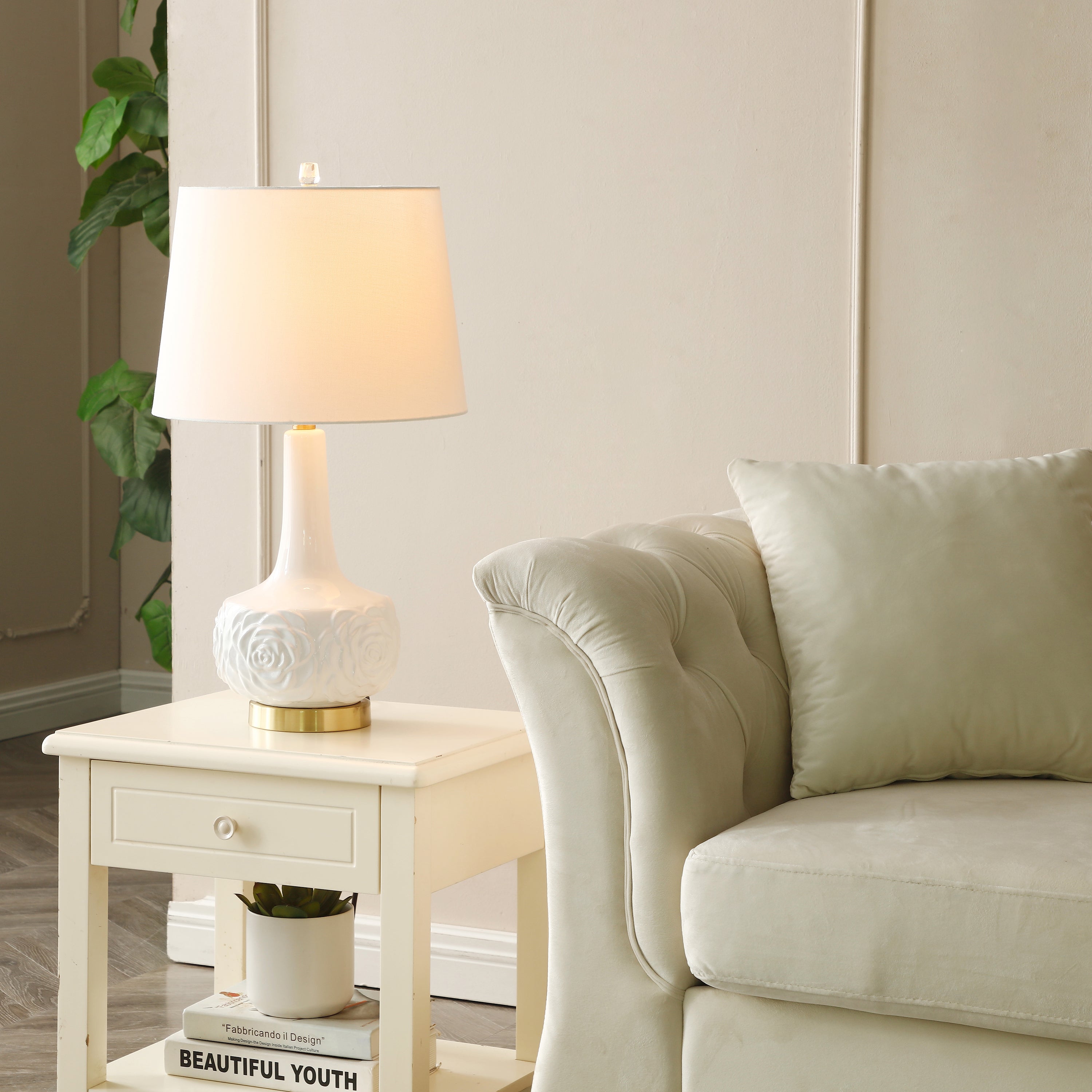 White Rose Pattern Featured Ceramic Table Lamp