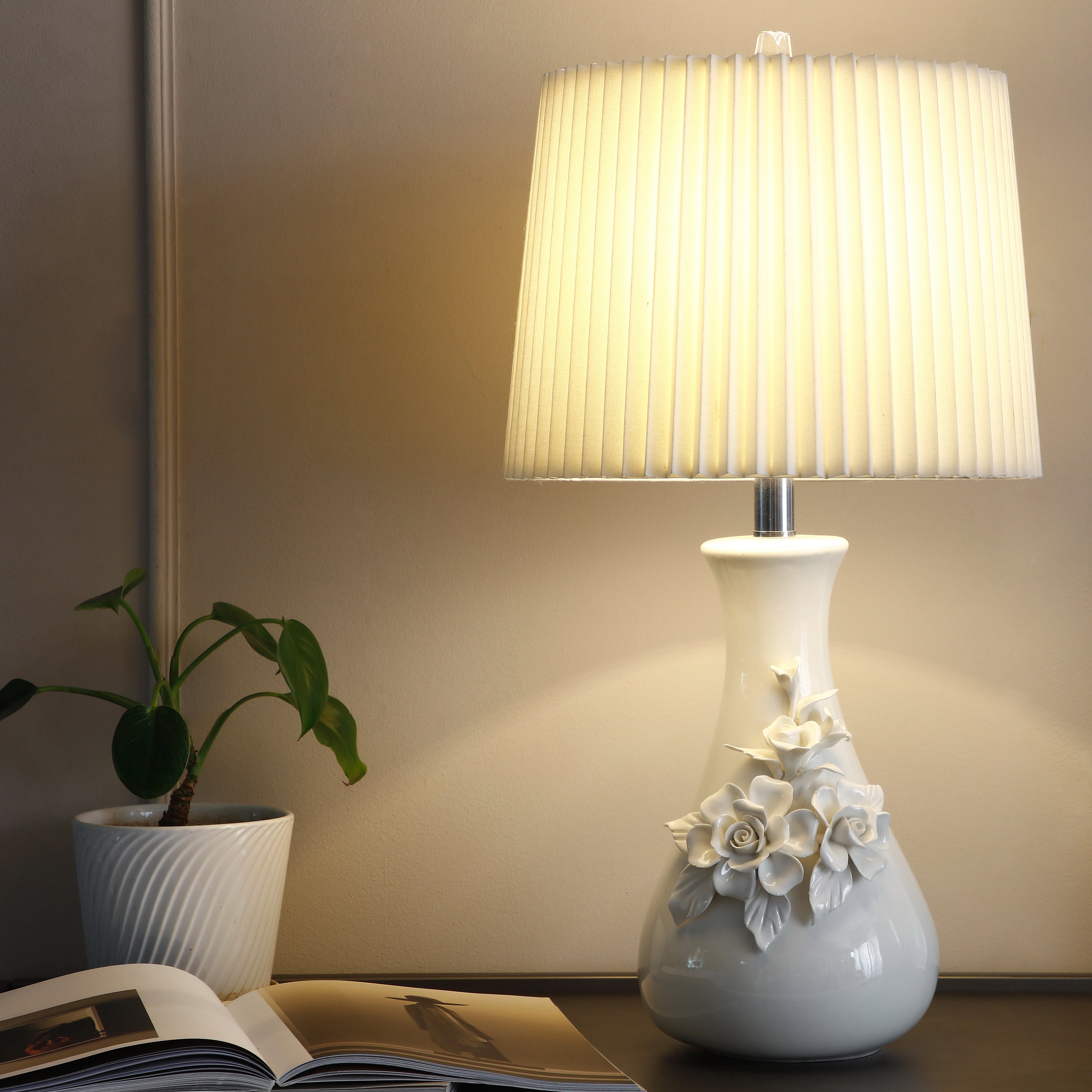 White Sculpted Flowers and Leaves Traditional Vase Ceramic Table Lamp hardback Pleated Shade