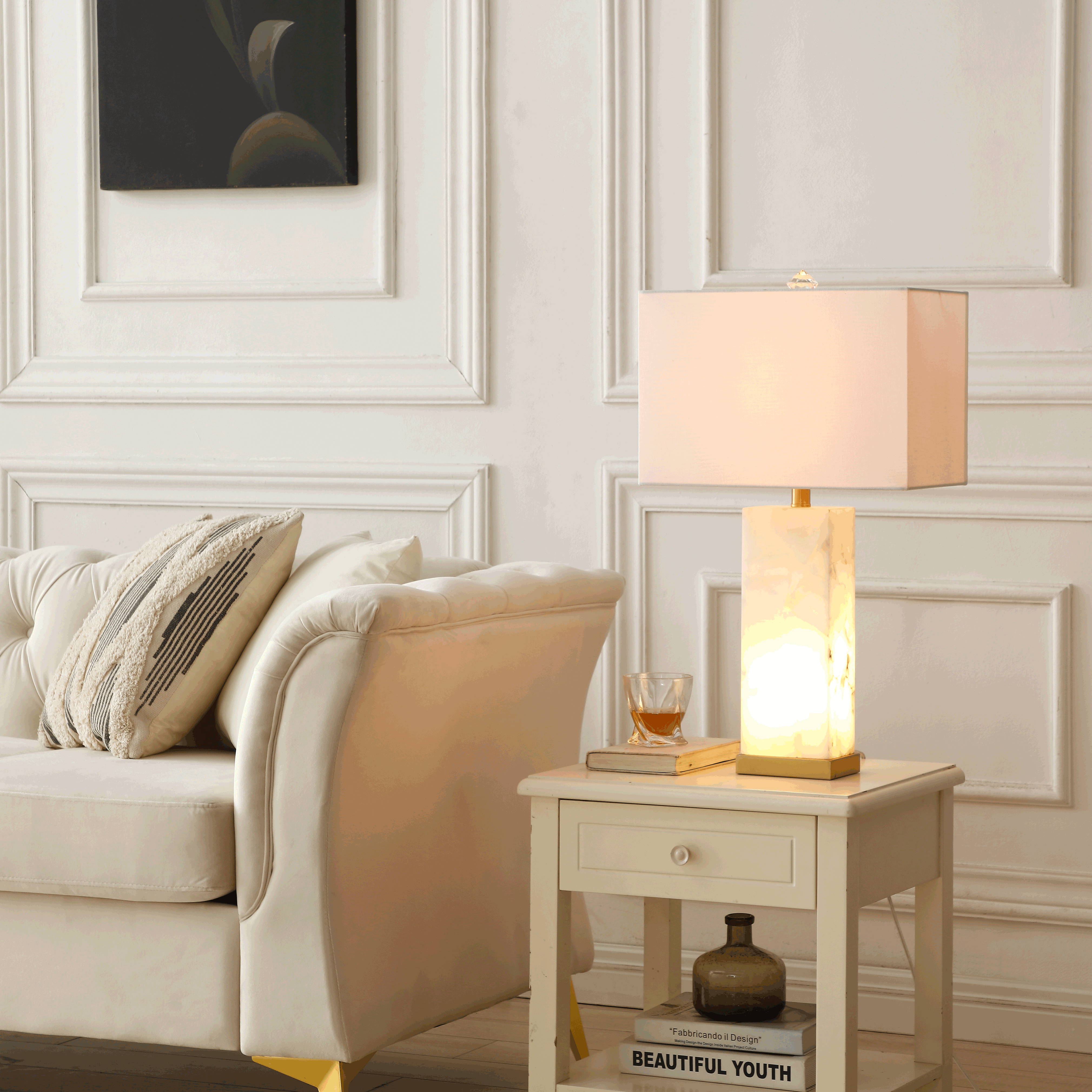 Alabaster Rectangular Table Lamp with Night Light