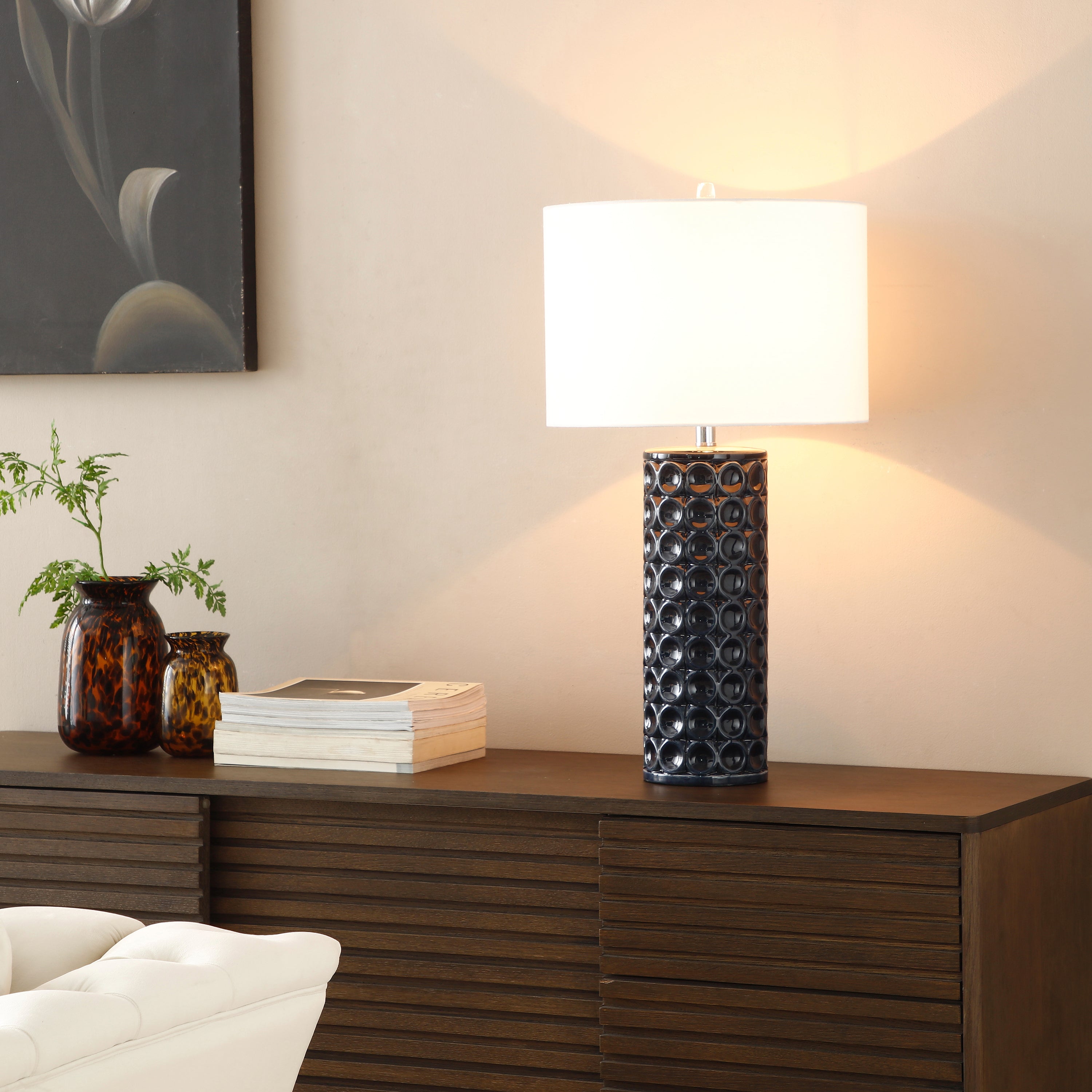 Concave Navy Dot Pattern Column Ceramic Table Lamp