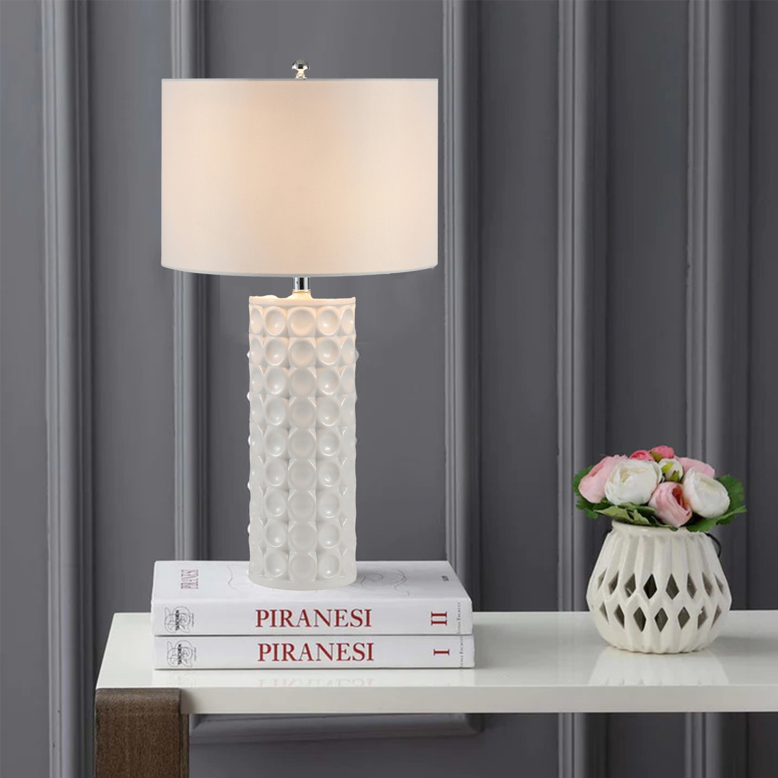 Concave White Dot Pattern Column Ceramic Table Lamp