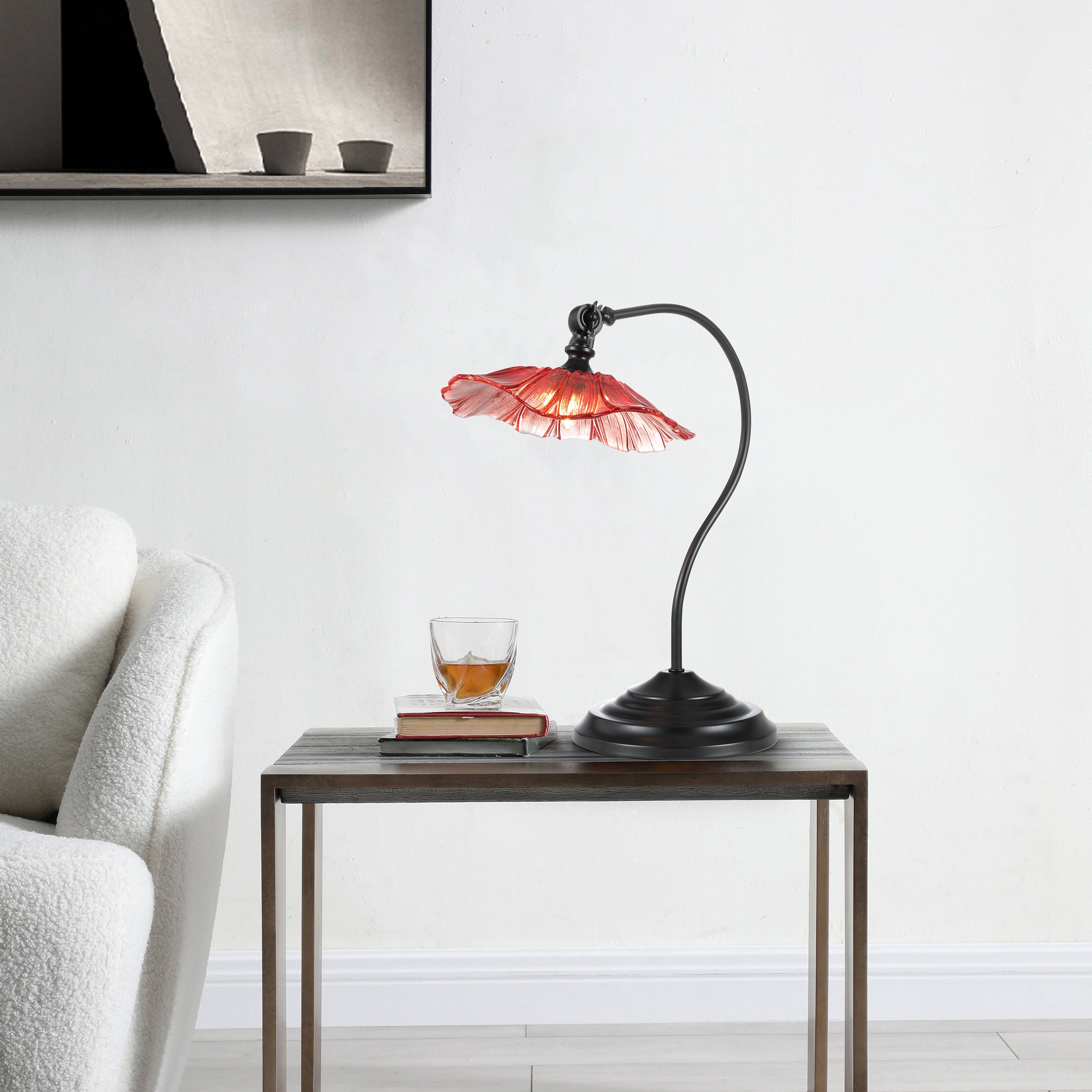 Flower Petals Red Glass Shade Traditional Desk Lamp Black Base