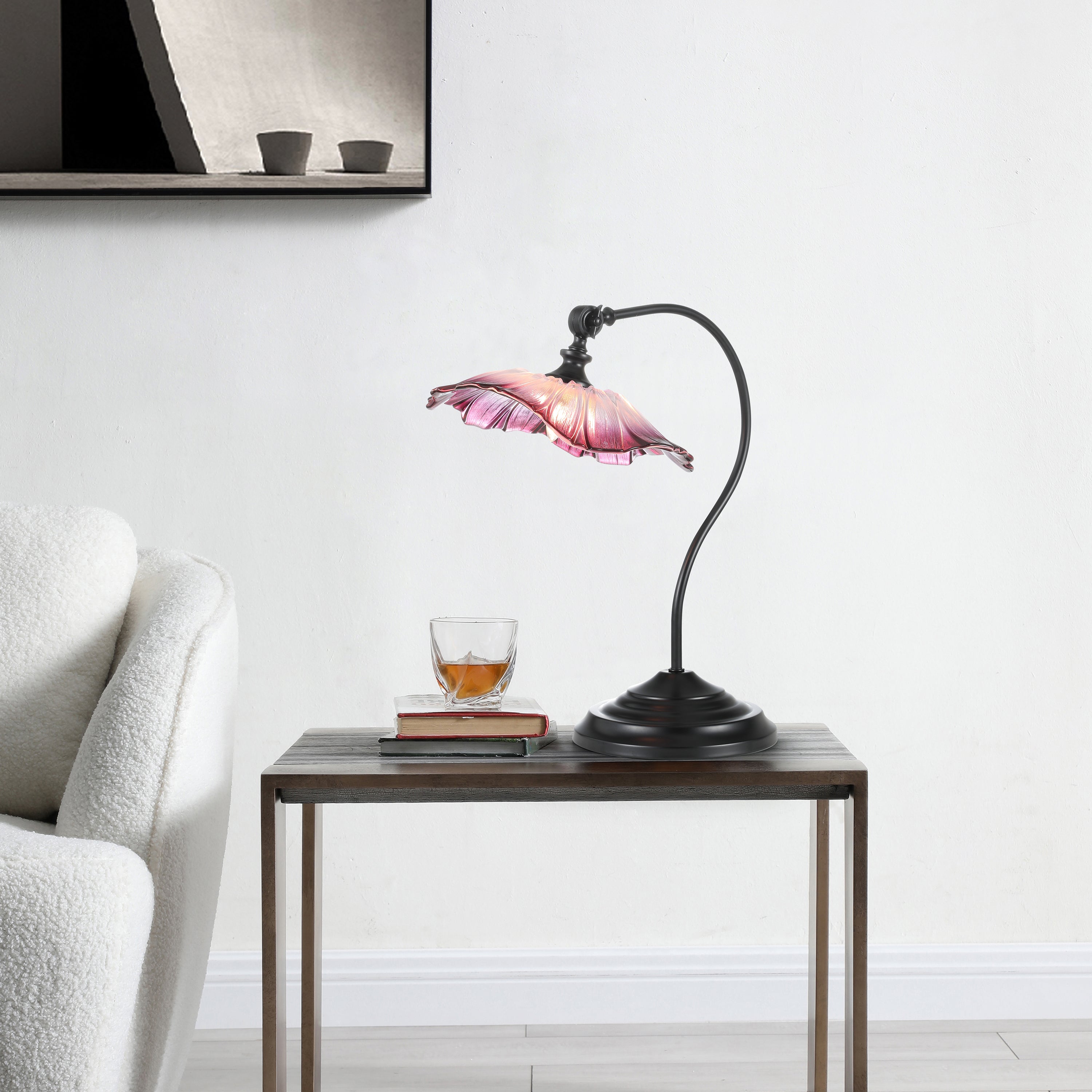 Flower Petals Purple Glass Shade Traditional Desk Lamp Black Base